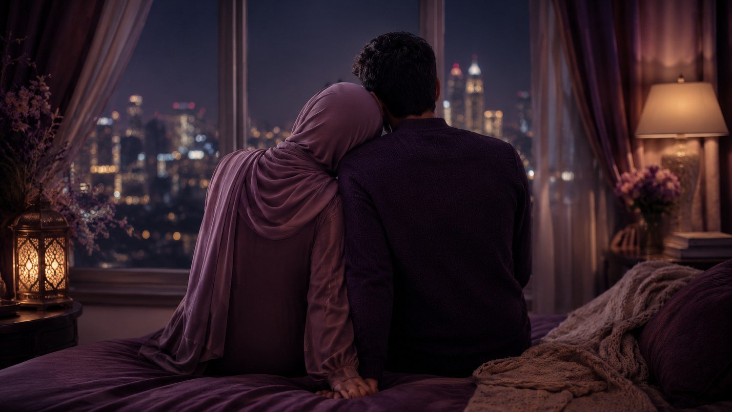 Pasangan duduk berdampingan memandang malam