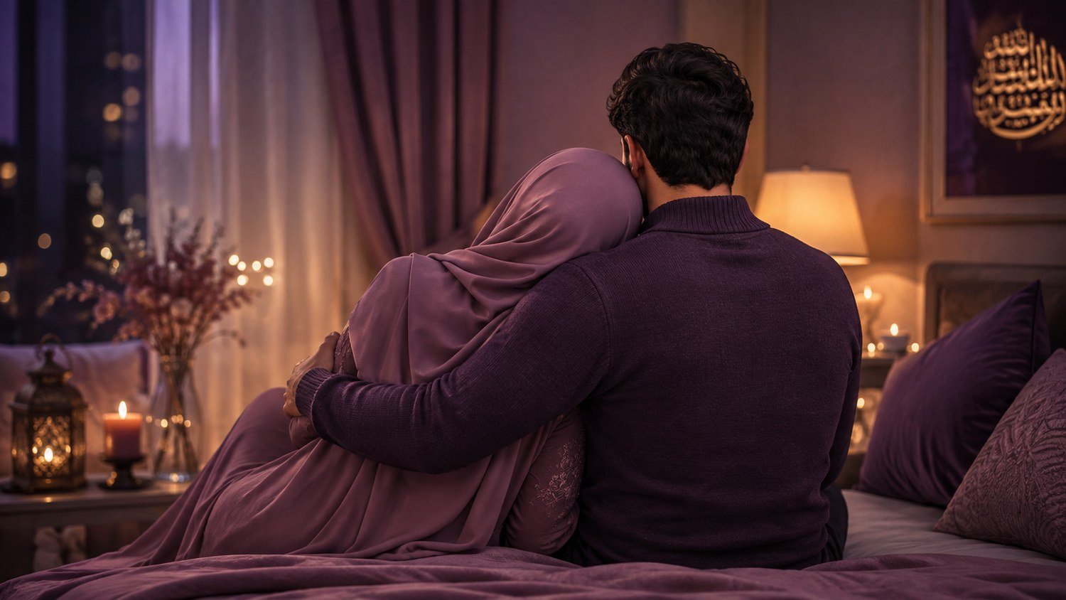 Pasangan suami istri berpelukan dari belakang
